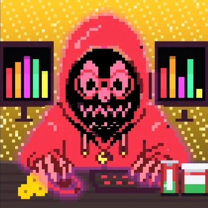 A pixel art image of a red-hooded figure with a grinning pink skull face typing at a keyboard, with bars charts in the background and a thumbs-up emoji in the corner.