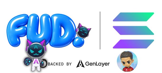 A promotional graphic for 'FUD' featuring a blue bubble-letter logo with a cat astronaut mascot, backed by GenLayer alongside the Solana logo.