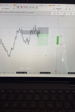 A laptop screen displaying a financial trading chart with candlestick patterns and indicator blocks, shown above the visible keyboard of the computer.