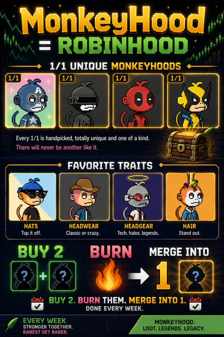 A promotional graphic for 'MonkeyHood = ROBINHOOD' NFTs, featuring 1/1 unique characters and options to buy, burn, or merge them, with the text 'BUY 2, BURN THEM, MERGE INTO 1.'