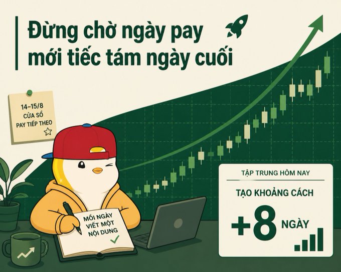 A Vietnamese promotional graphic featuring a cartoon duck in a red cap writing, with text reading 'Đừng chờ ngày pay mới tiếc tám ngày cưới' and 'CỦA SỔ PAY TIẾP THEO 14-15/8', alongside a stock chart trending upward.