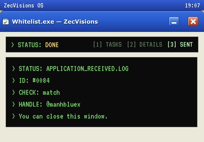 A computer terminal screenshot titled 'ZecVisions OS' showing a 'Whitelist.exe' window with status 'DONE', ID #0084, handle @manhbluex, and check: match.