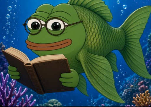 A cartoon illustration of a green fish wearing glasses underwater, holding and reading an open book with a coral reef visible in the background.