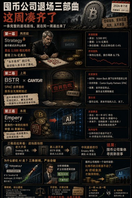 A Chinese-language financial infographic titled "国币公司退场三部曲 这周凑齐了" (The Crypto Company Exit Trilogy, Completed This Week) detailing a three-part series from July 2026 covering Strategy's sale of 3,588 BTC for $216 million (two weeks prior), the BSTR × Cantor SPAC merger (last week), and Empery Digital's transfer of 1,500 BTC to AI data centers (this week), with stock prices dropping 6.1%, 11.2%, and over 50% respectively.