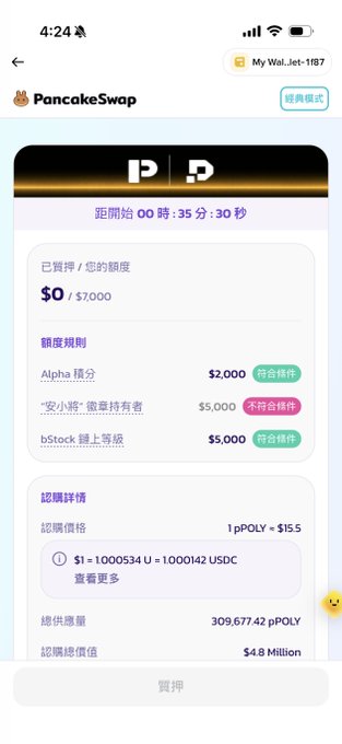 A mobile app screenshot of a PancakeSwap wallet showing a token sale countdown at 00:35:30 with staking requirements including 'Alpha 積分' and 'bStock 線上等成員' for $7,000, and a POLY token recognition price of $1.5.