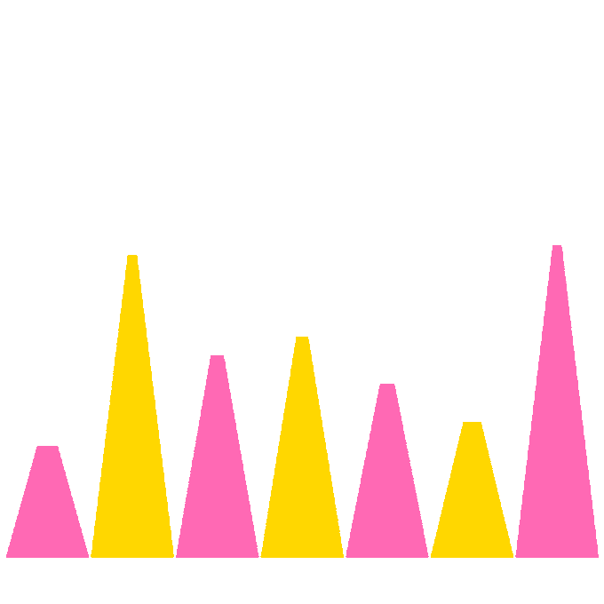 A simple graphic shows alternating pink and yellow triangular peaks resembling stylized bar graph bars on a white background.