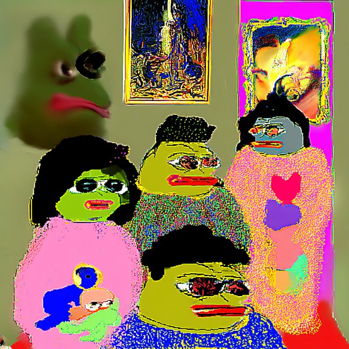 A colorful, glitchy digital illustration resembling 'Pepe the Frog' variations depicting several green frog-like characters with human features, alongside a sad frog figure in the upper left corner.