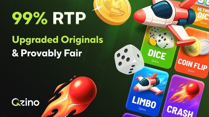 A promotional graphic for Ozino Casino featuring "99% RTP" and "Upgraded Originals & Provably Fair" text alongside cartoon-style icons of games including Dice, Coin Flip, Limbo, and Crash, visually reinforcing the announcement of increased Return-to-Player rates and enhanced transparency across their original game offerings.