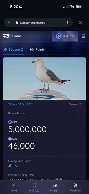 A mobile screenshot of the app.current.finance website displaying 'Season 2' with a seagull perched on a surfboard, listing a rewards pool of '5,000,000 CRT' and '46,000 SUI'.