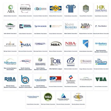 The image displays a grid of logos from 39 U.S. state banking associations, including recognizable names like ABA (American Bankers Association), CBA, FIB, IBA, IBA-IBANKS, Maryland Bankers, MBA, NB-bankers, N-bankers, NCOBANK, NJBankers, Ohio Bankers League, Oregon Bankers, Pennsylvania Bankers, RIBA, SD Bankers, Tennessee Bankers, UTAH Bankers, VBA, Virginia Bankers, Washington Bankers, West Virginia Bankers, and Wyoming Bankers, representing the participating organizations in the newly announced "Bank Chain Alliance."