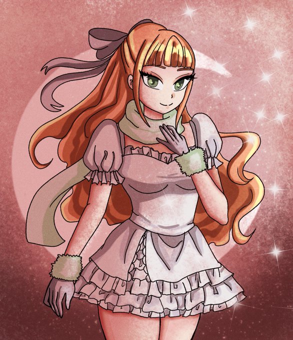 An anime-style illustration depicts a smiling girl with long orange hair and green eyes, wearing a pink frilly dress with white scarf and fur-trimmed gloves, posed against a sparkling rose-pink background. The dreamy, whimsical artwork aligns with the NFT listing titled "Soft Awakening," fitting the magical, ethereal aesthetic promoted for the Friday evening release on objkt.com.