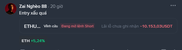 A Vietnamese-language social media screenshot from 'Zai Nghèo 88' commenting 'Entry xấu quá' on an ETHU position showing 'Đang mở lệnh Short' with a loss of -10,153.03 USDT and ETH +5.24%.