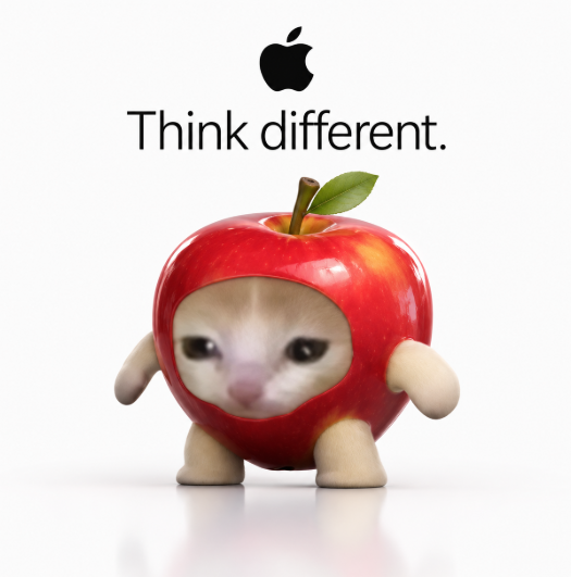 An Apple 'Think different.' advertisement parody featuring a kitten inside an apple costume with the Apple logo and tagline above.