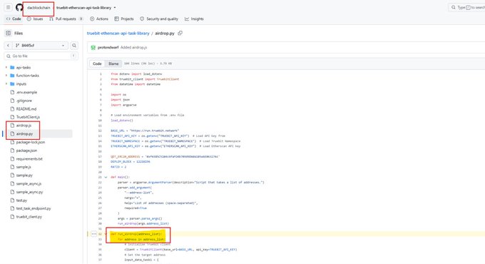 The image shows a GitHub code repository for "dacblinschain/tuslib-airdrop-api-task-library," with the airdrop.py file open displaying Python code that includes a function computing airdrop amounts, including a highlighted line referencing `"Airdrop Amount_NEW TOKEN"` — visually supporting the claim that the DAC Chain's code hints at a new token airdrop.