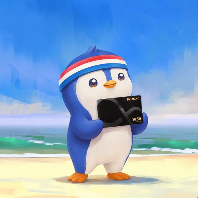 A cute penguin mascot wearing a red, white, and blue headband holds up a black MEXC Visa card on a sunny beach, visually illustrating the post's promotion of the MEXC crypto card and its tiered USDT cashback rewards tied to M-Score trading activity.