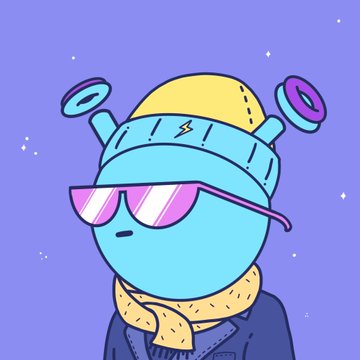 A cartoon-style illustration of a blue robot or character wearing a yellow beanie, purple sunglasses, and a scarf against a starry purple background.