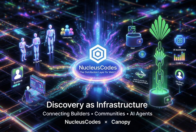 A futuristic promotional graphic for 'NucleusCodes' titled 'Discovery as Infrastructure', with the tagline 'Connecting Builders · Communities · AI Agents' alongside 'Canopy'.