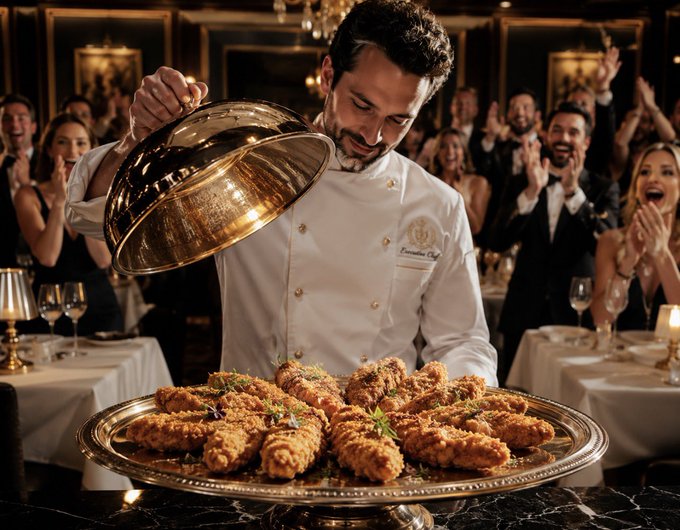 A chef in a white uniform lifts a golden cloche to reveal a platter of fried food, as a crowd of well-dressed guests applauds enthusiastically in an elegant restaurant setting.
