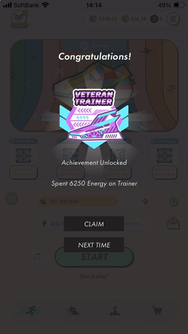 A mobile game achievement screen displaying 'Congratulations! VETERAN TRAINER Achievement Unlocked' for spending 6250 Energy on Trainer, with CLAIM and NEXT TIME buttons.