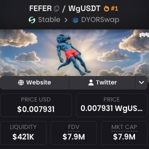 A screenshot from DEXTools showing the FEFER/WgUSDT token pair on Stable/DYORSwap, displaying a price of $0.007931, $421K liquidity, and a $7.9M FDV, which contrasts with the post's discussion of Uniswap v2's fee structure and lack of creator/protocol rewards.