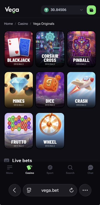 A screenshot of the Vega betting app displaying its "Vega Originals" casino games, featuring Blackjack, Corsair Cross, Pinball, Mines, Dice, Crash, Frutto, and Wheel. The image highlights the two games mentioned in the post—Mines and Frutto—which the user recommends as the easiest and fastest ways to make money, alongside a referral link "vegabet.promo/Innopro" and code "Innopro."