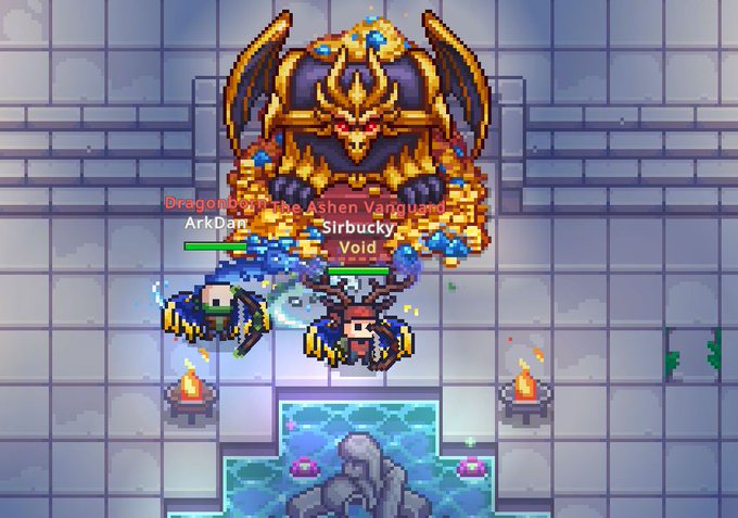 A group of pixel-art characters stands before a massive dragon-like boss named "Dragon, The Ashen Vanguard," with players labeled "ArkDan," "Sirbucky," and "Vold" showcasing new angel wings from the game Calamity, as described in the accompanying post about the "Ark Angels" team on Ronin Network.