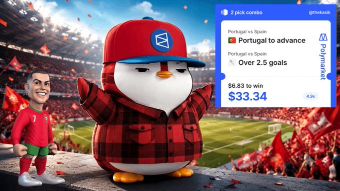 A promotional image featuring a penguin mascot in a red plaid jacket and a cartoon Cristiano Ronaldo figure, with a Polymarket bet for 'Portugal vs Spain' showing 'Over 2.5 goals' paying $33.34 on a $6.83 bet.
