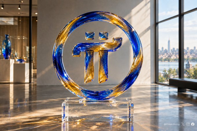 A digital artwork showing a glowing blue and gold Pi Network (π) symbol sculpture displayed on a clear acrylic base inside a modern gallery with a cityscape view through floor-to-ceiling windows.