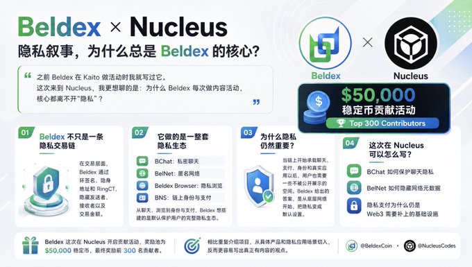 A promotional graphic for Beldex and Nucleus, highlighting a $50,000 stablecoin contribution event for top 300 contributors and explaining privacy narratives.