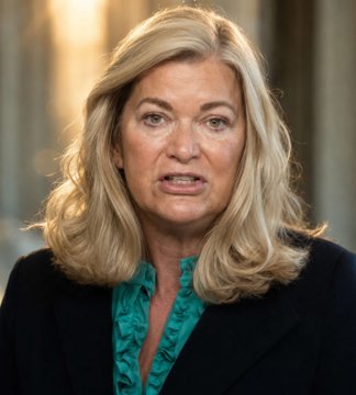 Portrait of a blonde woman in a black blazer over a teal ruffled blouse.