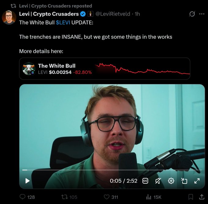 X post by Levi | Crypto Crusaders (@LeviRietveld) about '$LEVI' token update titled 'The White Bull,' showing the token down 82.80% to $0.00254, with an embedded video of a man speaking into a microphone.