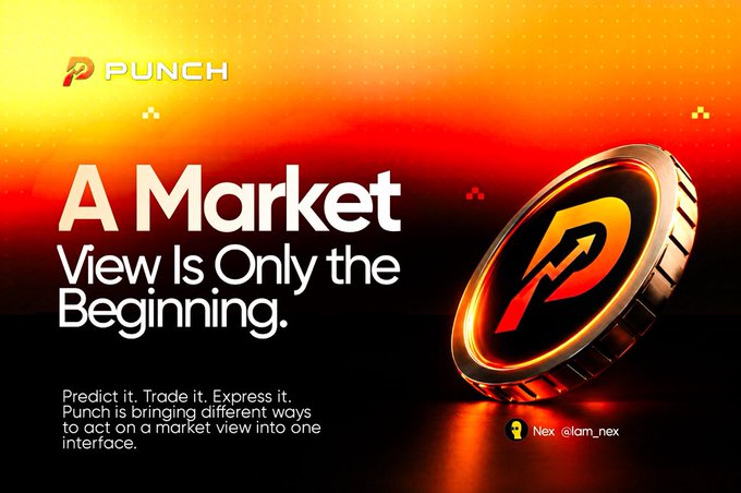 A promotional graphic for Punch featuring a glowing gold coin logo against an orange gradient background, with the tagline "A Market View Is Only the Beginning" and the messaging "Predict it. Trade it. Express it. Punch is bringing different ways to act on a market view into one interface." The post's contact "Nex @lam_nex" is shown in the corner. The image directly supports the caption by visually presenting Punch's branding and its value proposition of unifying prediction markets and trading into a single platform.