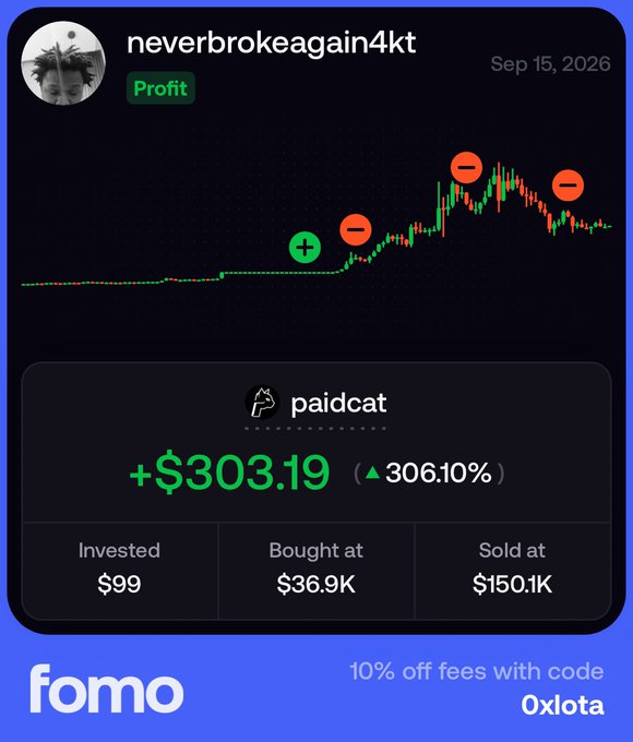 Trading app screenshot showing a profitable trade on paidcat token with +$303.19 gain (306.10% return), invested $99, bought at $36.9K and sold at $150.1K, from user 'neverbrokeagain4kt' dated Sep 15, 2026, with fomo promo code 'Oxlota' for 10% off fees.