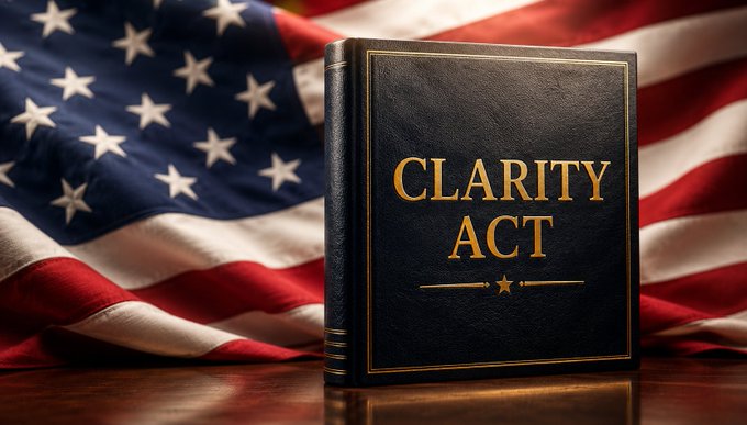 A dark, leather-bound book titled "CLARITY ACT" rests on a wooden surface in front of a draped American flag, symbolizing new legislation, likely related to the blockchain regulations mentioned in the accompanying post.