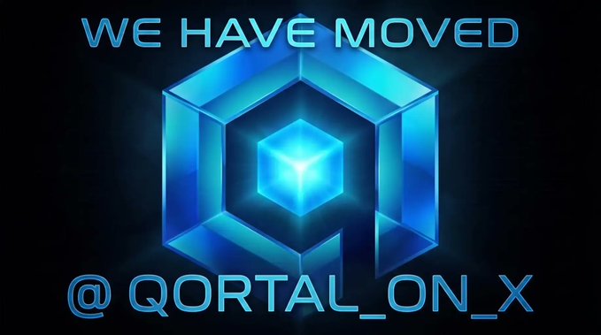 Announcement graphic with text 'WE HAVE MOVED' and '@QORTAL_ON_X' surrounding a glowing blue hexagonal cube logo on a black background.