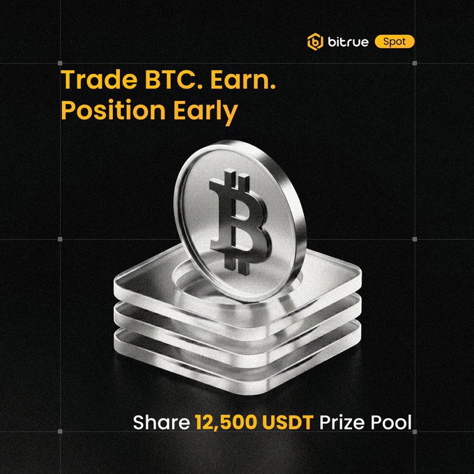 A promotional graphic by Bitrue Spot advertising a Bitcoin spot trading competition, featuring a metallic Bitcoin coin on stacked silver plates with the text "Trade BTC. Earn. Position Early" and "Share 12,500 USDT Prize Pool." The image ties into the post by illustrating Bitrue's initiative to turn Bitcoin's market uncertainty into an earning opportunity through their trading campaign.