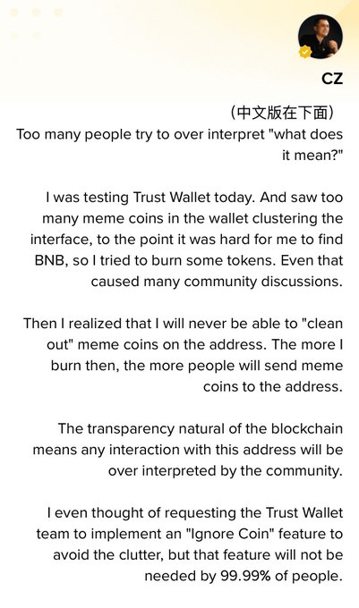 A screenshot of a post by CZ (@cz_binance) explaining why he tested burning meme tokens in Trust Wallet, noting that blockchain transparency causes community over-interpretation of any address interactions.