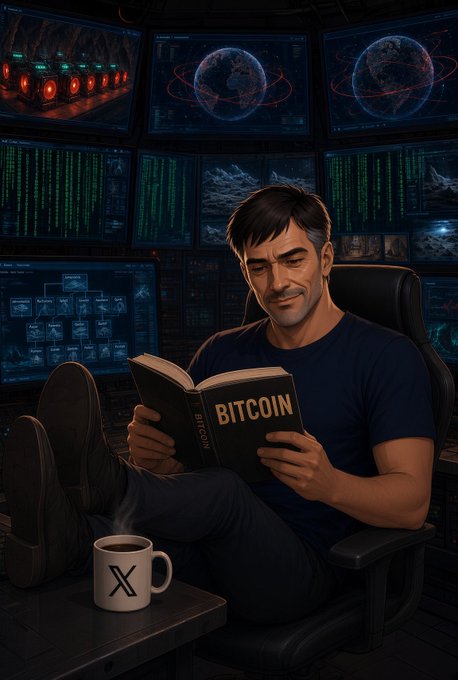 AI-generated illustration of a man in a dark blue t-shirt sitting with feet up on a desk, reading a book titled 'BITCOIN' in what appears to be a high-tech control room with multiple monitors, with an X logo mug on the desk.