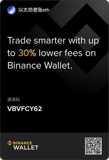 Binance Wallet advertisement in Chinese featuring 'Trade smarter with up to 30% lower fees on Binance Wallet' with referral code VBVFCY62 from user 以太坊老张eth.