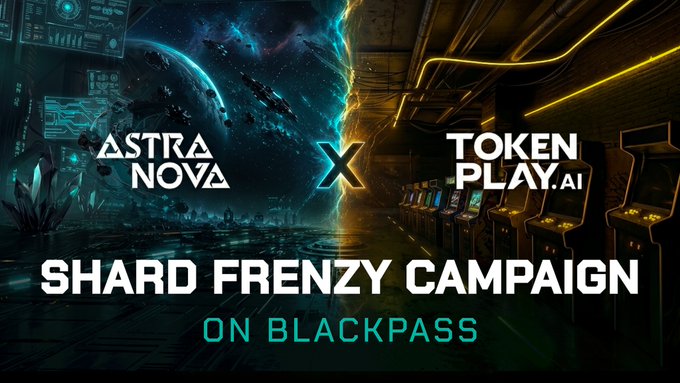 The image is a promotional banner announcing a collaboration between "ASTRA NOVA" and "TOKEN PLAY.AI" for the "SHARD FRENZY CAMPAIGN ON BLACKPASS." The left side features a cosmic, sci-fi scene with a planet and futuristic crystals, while the right side depicts a retro-style arcade with glowing yellow neon lights and gaming machines—visually representing the blend of space-themed gaming and arcade-style play-to-earn rewards mentioned in the post.