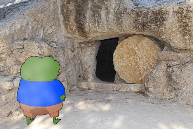 A cartoon frog in a blue shirt stands before a tomb entrance sealed by a large round stone, illustrating the post's theme of crypto and stocks being "down big" and seemingly buried. The somber scene of an empty, blocked tomb visually reinforces the grim market commentary about steep declines in assets like $JITO, $CAP, $COIN, $NFLX, and $PLTR.
