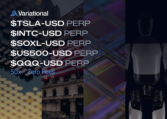 The image presents a graphic of four different buildings with various sizes, colors, and styles set against a black background. The top left corner has the word "variational" written in white lettering at the center. Below this, there is information about an investment opportunity called "TradFi". It appears that the buildings represent different investment options within the "TradFi" portfolio. In the image, a robot toy can be seen on the right side of the graphic, adding a unique element to the scene. The text in the image suggests that this offering has zero fees and offers leverage up to 50X.