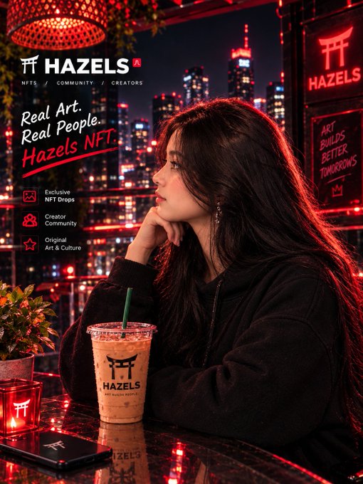 A stylized promotional poster for 'HAZELS NFT' featuring a young woman resting her chin on her hand at a table with an iced drink, set against a neon-lit city skyline backdrop with text 'Real Art. Real People.'