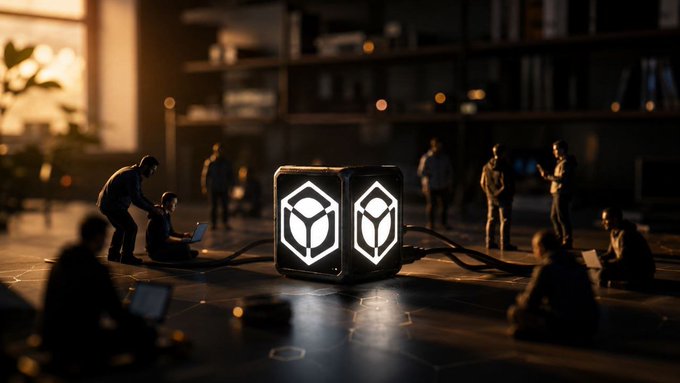 A glowing cube displaying a cube icon sits at the center of a dimly lit room, surrounded by people working on laptops and interacting in small groups, with no visible text or names. The image visually echoes the post's theme of quiet, unseen value creation in crypto, where impactful acts—like guiding newcomers or quietly fixing bugs—happen behind the scenes, leaving no trace of the good done.