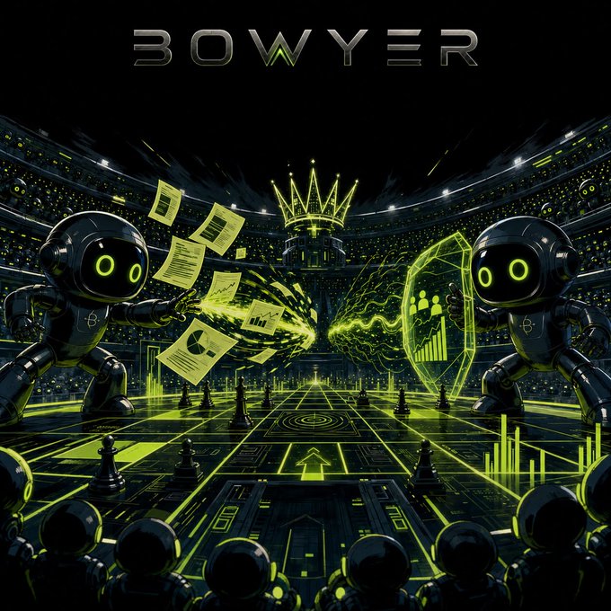 A neon green and black 'BOWYER' promotional graphic showing two robotic figures with glowing green eyes facing off in a chess arena, with one holding papers and the other a shield, surrounding a crowned chess piece.