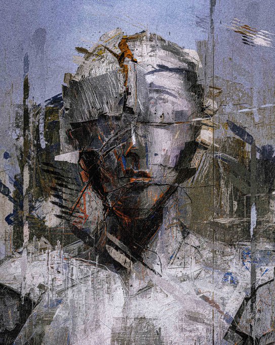 An abstract, heavily textured painting depicting a fragmented human portrait in shades of gray, blue, and rust orange with geometric brushstrokes.