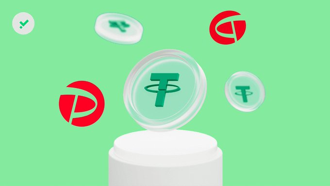 3D illustration on a green background showing floating Tether (USDT) coins alongside red shield logos, with a large central T coin on a white pedestal.