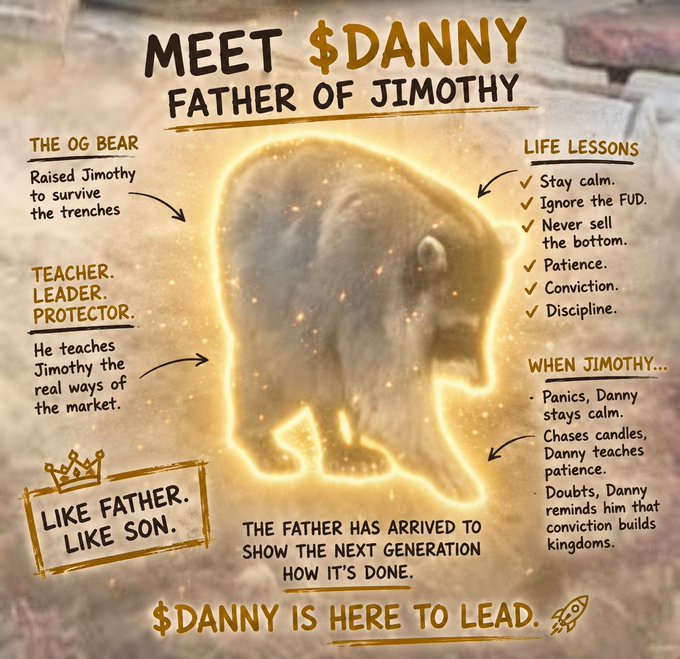 A character profile poster titled 'MEET $DANNY FATHER OF JIMOTHY' featuring a glowing golden bear, with bullet-pointed sections including 'THE OG BEAR,' 'TEACHER. LEADER. PROTECTOR.,' 'LIFE LESSONS' (Stay calm, Ignore the FUD, Never sell the bottom, Patience, Conviction, Discipline), and 'WHEN JIMOTHY...' (Panics, Chases candles, Doubts). Bottom text reads 'LIKE FATHER. LIKE SON.' and '$DANNY IS HERE TO LEAD.'