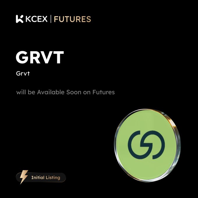 A KCEX Futures promotional graphic announcing that GRVT will soon be available on the platform, featuring a green GRVT coin logo with "Initial Listing" branding. The design aligns with the post's announcement of GRVT/USDT-M perpetual futures launching on KCEX with up to 25x leverage.