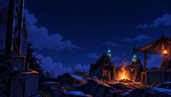 A nighttime scene depicting two stone figures with glowing blue eyes sitting by a crackling campfire under a starry sky, evoking an ancient, mythological atmosphere that complements the post's promotion of 5000 Arcadians NFT minting for $1.99.